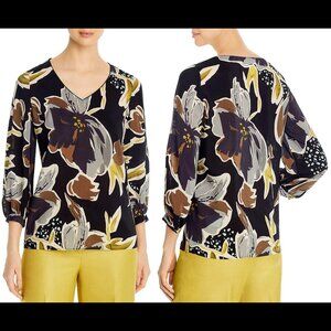 Lafayette 148 New York Black, Brown & Yellow Arnette Silk Floral Blouse XS
